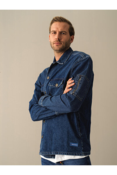 Xint Erkek Lacivert Pamuk Dokulu Oversize Denim Gömlek