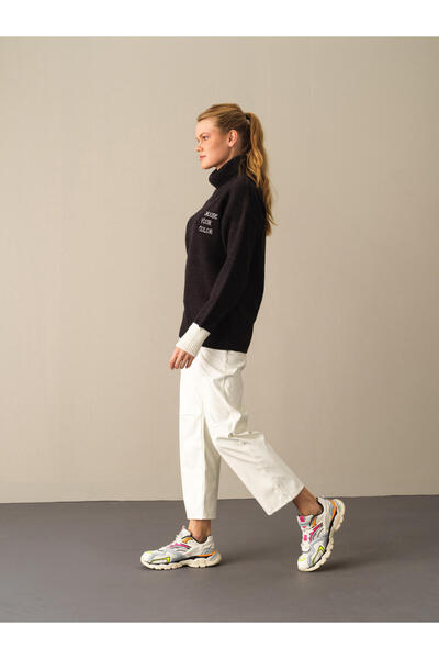 Xint Kadın Siyah Doğal Yün Dokulu Big Oversize Kazak