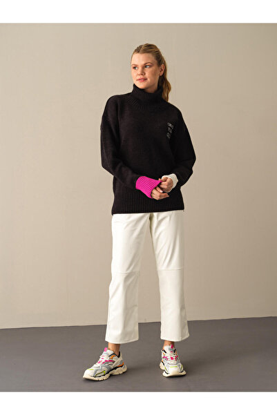 Xint Kadın Siyah Doğal Yün Dokulu Big Oversize Kazak