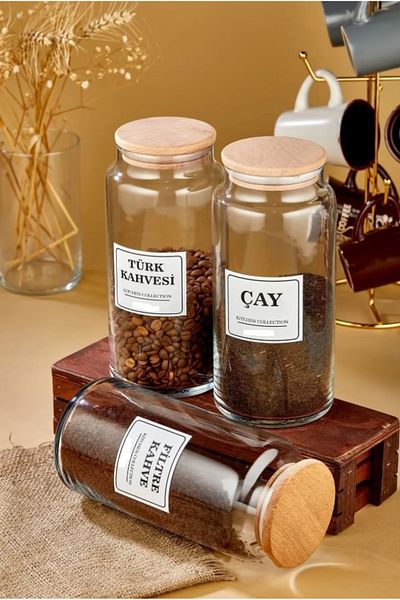 ŞAKİLATA CONCEPT 3-Piece 1300 ml Filtered Coffee & Turkish Coffee & Tea Storage Container with Wooden Lid Glass Jar
