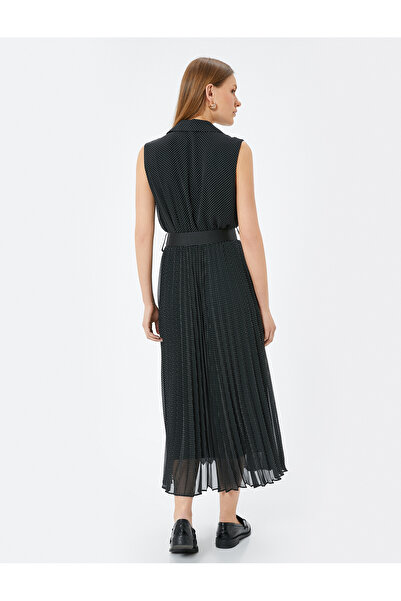 Koton Puantiyeli Pileli Midi Şifon Elbise Kolsuz Tül Etek Detaylı Düğmeli Kemerli