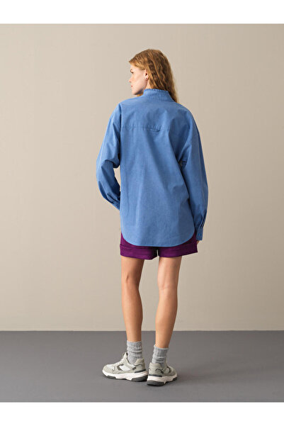 Xint Kadın Mavi Pamuk Dokulu Hakim Yaka Oversize Gömlek