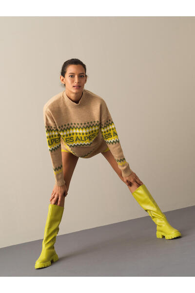 Xint Kadın Bej Regular Fit Desenli Kazak