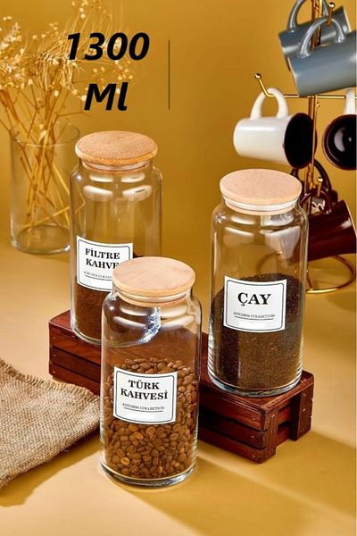ŞAKİLATA CONCEPT 3-Piece 1300 ml Filtered Coffee & Turkish Coffee & Tea Storage Container with Wooden Lid Glass Jar