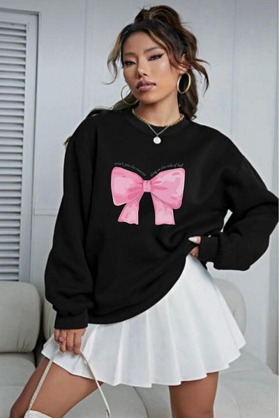 NO 601 Women's Black Crew Neck Ribbon Printed Hoodless Winter Sweat