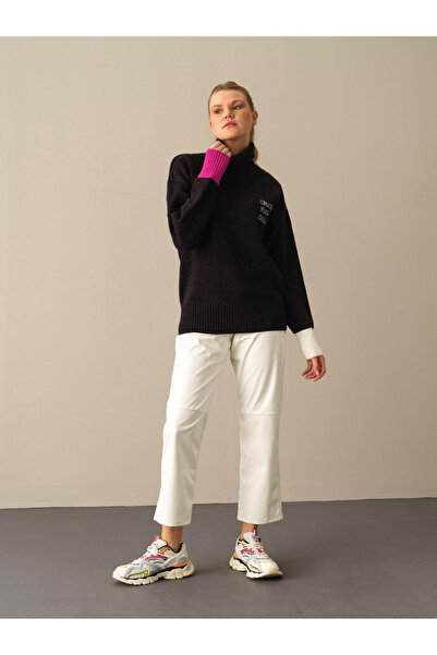 Xint Kadın Siyah Doğal Yün Dokulu Big Oversize Kazak