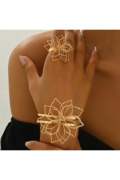 SE Jewellery Gold Büyük Çiçek Motifli Kelepçe Yüzük Set