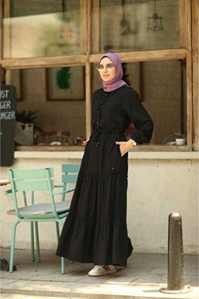 Neways 6559-Denim Büzgülü Telsel Elbise Siyah