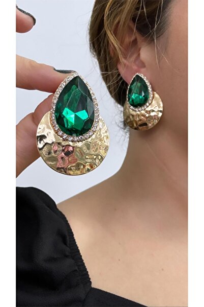 Pelin Aksesuar Yeşil Damla Taşlı Gold Plakalı Abiye Küpe