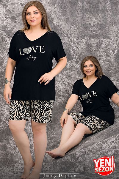 Jenny Daphne Lady Plus Size Zebra Print Short-Sleeve V-Neck Shorts Pajama Suit 10422