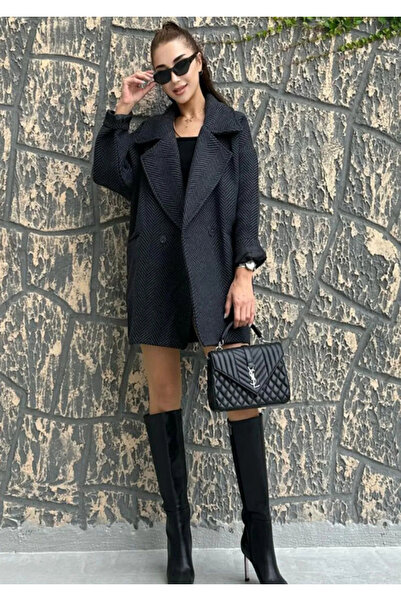 Moda Palmiss Kadın Antrasit Balıksırtı Desenli Astarlı Oversize Kaşe Kaban