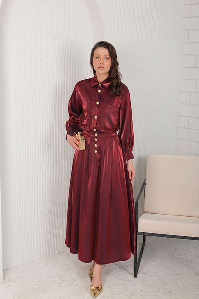 Melike Tatar Shiny Claret Red Skirt Set - 3-3123