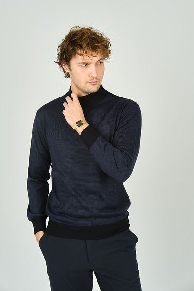 Woolen World Мъжки пуловер с поло яка, трикотаж, 5223, тъмносин
