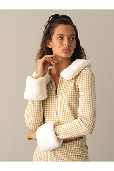 Xint Kadın Sarı Pamuk Dokulu Pamuklu Regular Fit Ekose Ceket