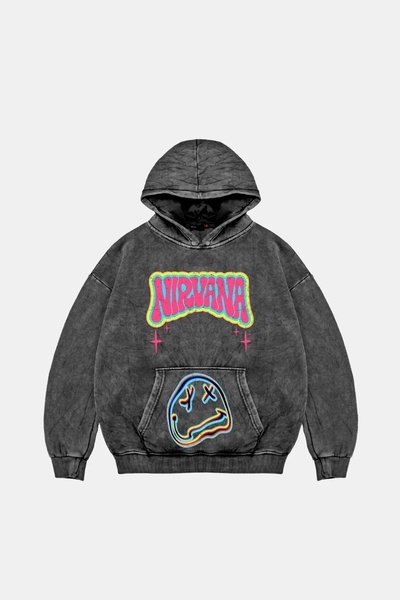 Bak Moda Hanocă neagră lavabilă unisex supradimensionată cu imprimeu Nirvana ...