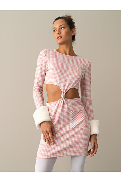 Xint Kadın Pembe Pamuk Dokulu Slim Fit Ekose Mini Elbise