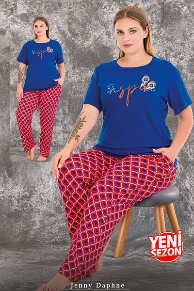 Jenny Daphne Lady Viscose Fabric Plus Size Print Short-Sleeve Long Pajamas Set 10981