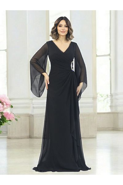 FaBe Fashion White Chiffon Wedding Engagement Promise and Outside Shooting Dress with Long Shawl Sleeves V-Neck Waist Stone Accessories