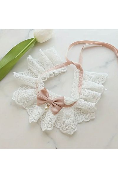 Animalovers Stylish Braided Cat Collar Adjustable Neck Jewelry with Bow Tie and Lace Bib