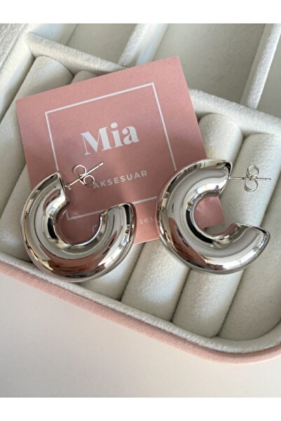 Mia Aksesuar Gümüş Renk Bombeli Kalın Halka Küpe