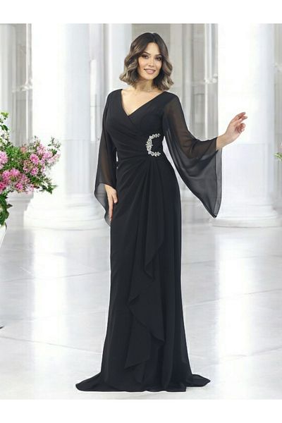 FaBe Fashion White Chiffon Wedding Engagement Promise and Outside Shooting Dress with Long Shawl Sleeves V-Neck Waist Stone Accessories