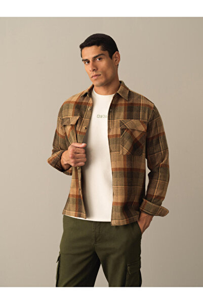 Xint Erkek Camel Regular Fit Cepli Ekose Gömlek
