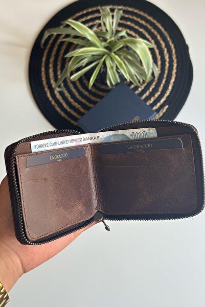 La La'Graccio Paris La'Graccio Paris Lancy Men's Zippered Rfid Protection Featured Genuine Leather Wallet Crazy Coffee