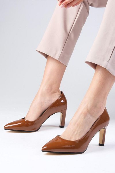 Mio Gusto Lita Tan Color Patent Leather Women's Stiletto Heeled Shoes