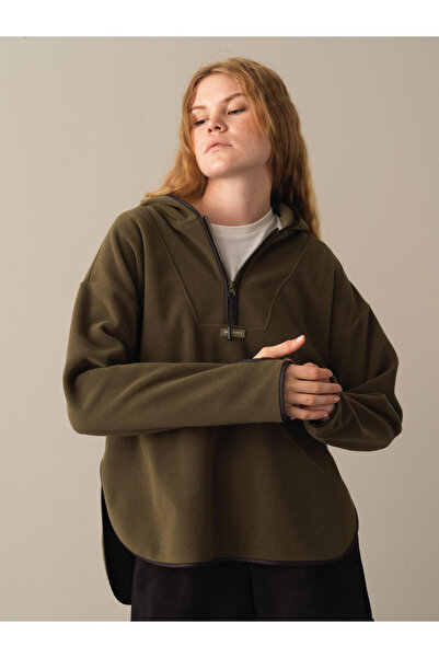 Xint Kadın Haki Pamuk Dokulu Fermuarlı Polar Sweatshirt