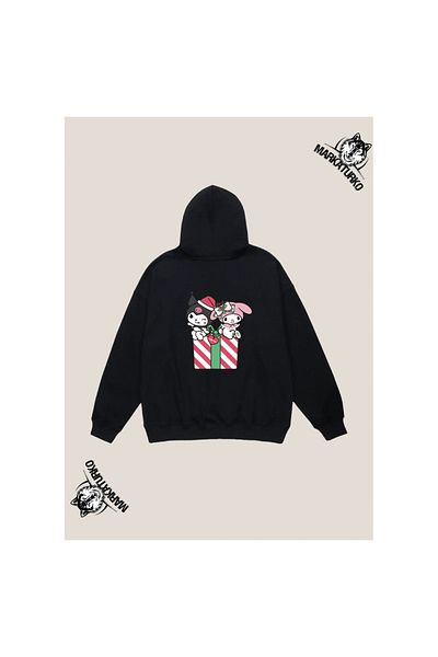 MarkaTurko KUROMİ&MY MELODY CHRISTMAS design back printed Black Hooded unisex Sweatshirt 17-64