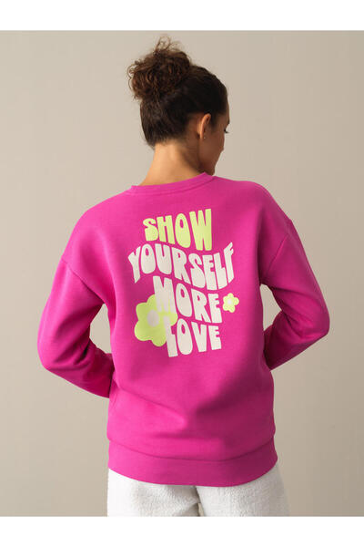Xint Kadın Fuşya Pamuk Dokulu Oversize Baskılı Sweatshirt