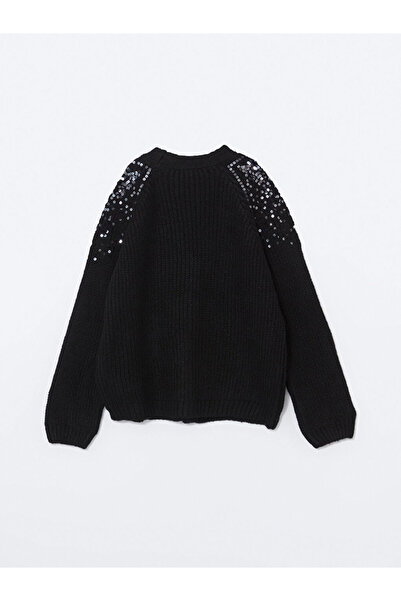 LC Waikiki Black V-Neck Sequin Embroidered Girl's Knitwear Cardigan