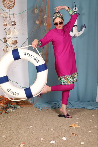 ns tasa Flower Pattern Fuchsia Design Hijab Swimsuit Set