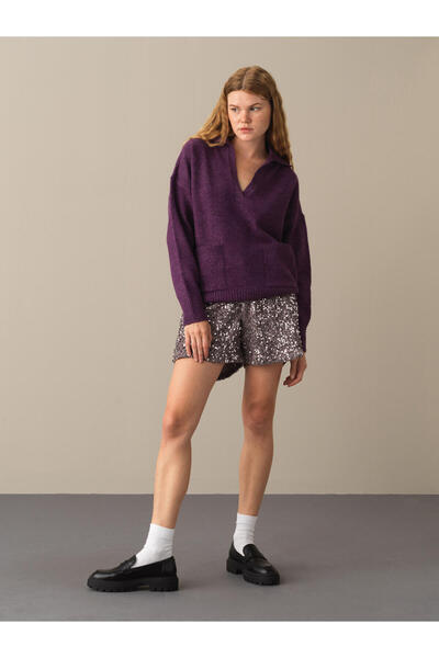 Xint Kadın Mor Yumuşak Dokulu Oversize Cepli Kazak