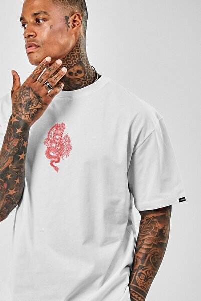 donamod Tricou alb cu imprimeu Dragon oversize