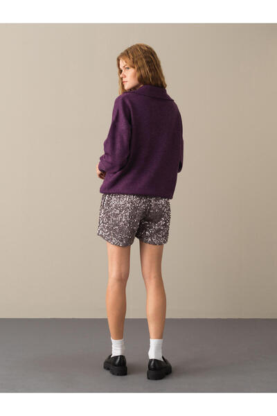 Xint Kadın Mor Yumuşak Dokulu Oversize Cepli Kazak
