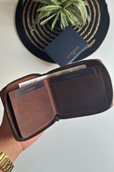 La La'Graccio Paris Paris Lancy Men's Zippered Rfid Protection Crazy Layered Genuine Leather Wallet