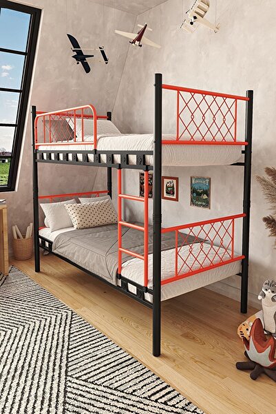 ARGİMO Metis Metal Siyah Turuncu Ranza 2 Adet Prestij Yatak 90x190