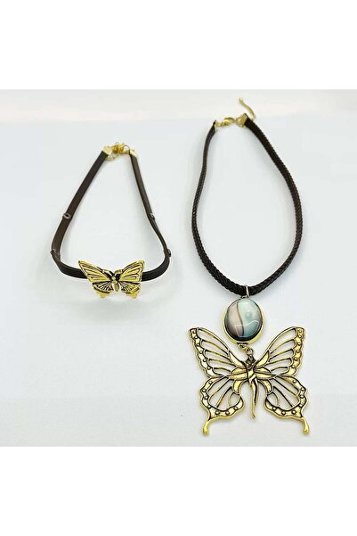 Pelin Aksesuar Kahverengi Deri Kelebekli İkili Kolye