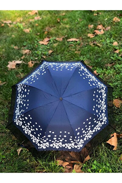 Rainwalker Tüllü Papatya Desenli Mavi Kadın Şemsiye