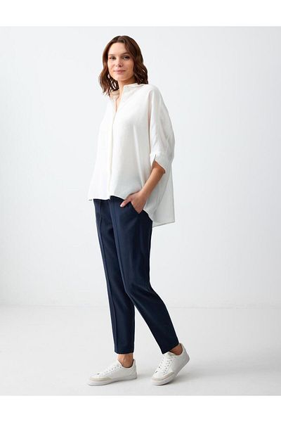 Jimmy Key Navy Blue Straight Cut High Waist Regular Leg Woven Trousers