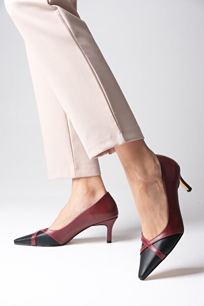 Mio Gusto Felice Women's Heeled Shoes - Claret Red Black, Blunt Pointed Toe