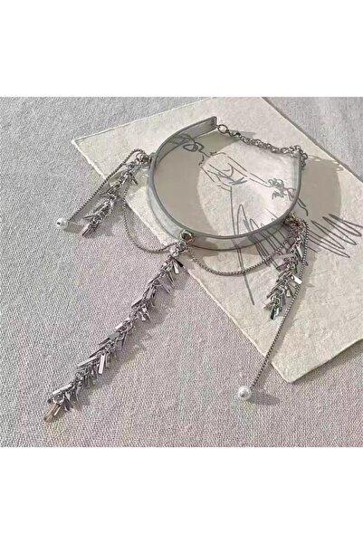 Pelin Aksesuar Silver Saçaklı Deri Choker Kolye