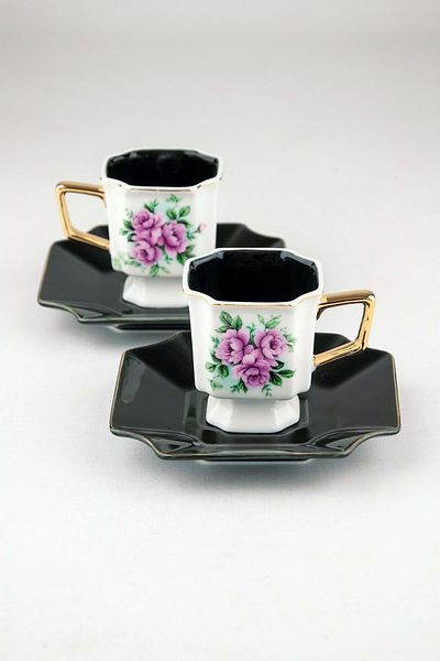 Bursa Porselen Dekor Pink Flower Black Two Person Coffee Cup Set