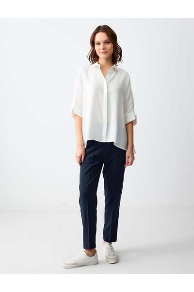 Jimmy Key Navy Blue Straight Cut High Waist Regular Leg Woven Trousers