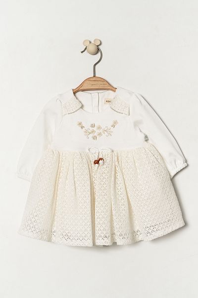 MİNİBORN Newborn Girl's Long Sleeve Ecru Shoulder Woven Detail Marentino Dress