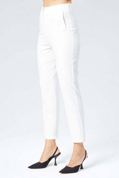 Appleline Pantaloni de damă cu talie înaltă, cu buzunar, până la gleznă, albi
