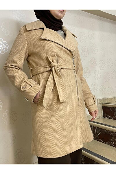 İkoll kaşe kumaş bej belden bağlamalı trenchcoat kaban