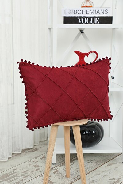 Aisha's Design Throw Pillow Cover with Pompom Edges, K-244, Burgundy