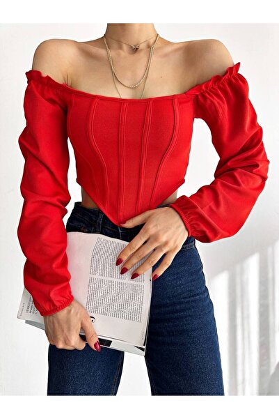 ÇEÇİM KADIN MADONNA YAKA OMUZ DETAYLI CROP ZYN-58761